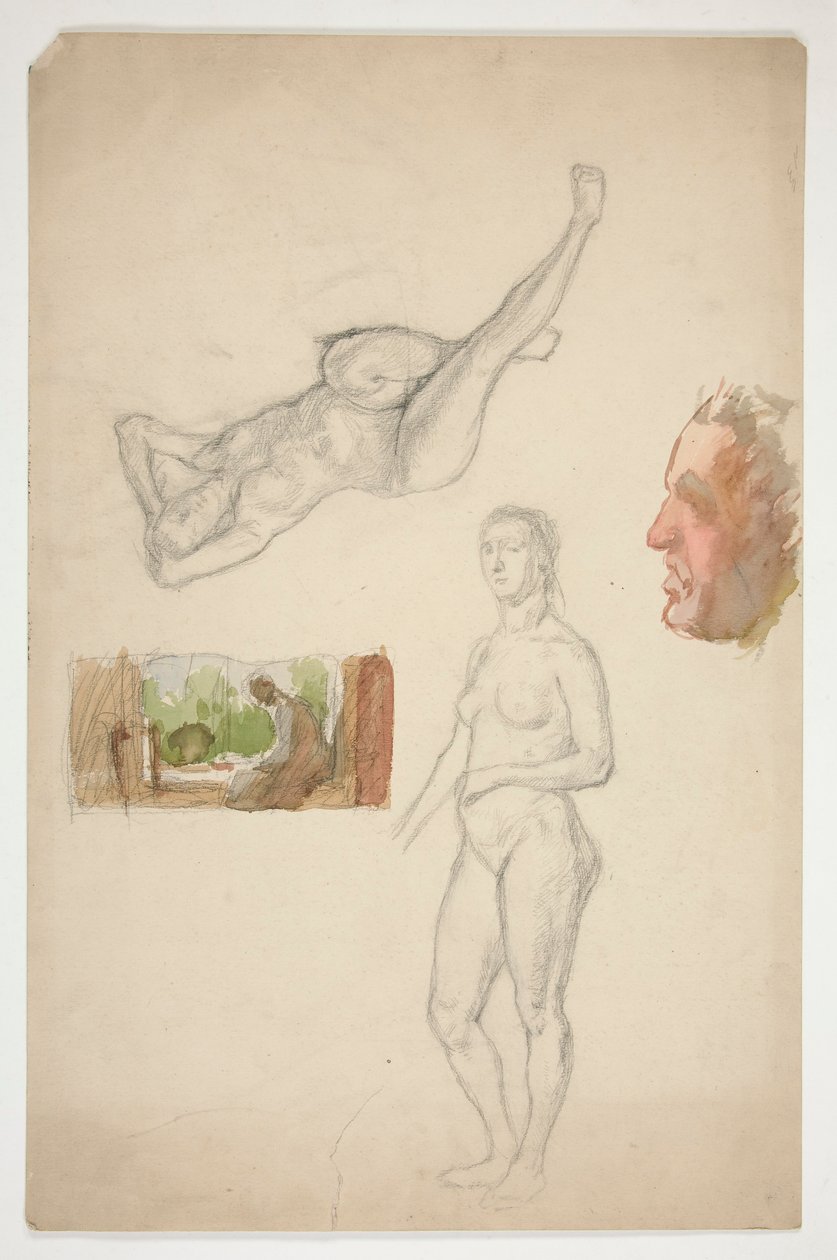 Skitseark: to nøgne kvinder, profil af en mand, figur siddende i et interiør af Edwin Austin Abbey