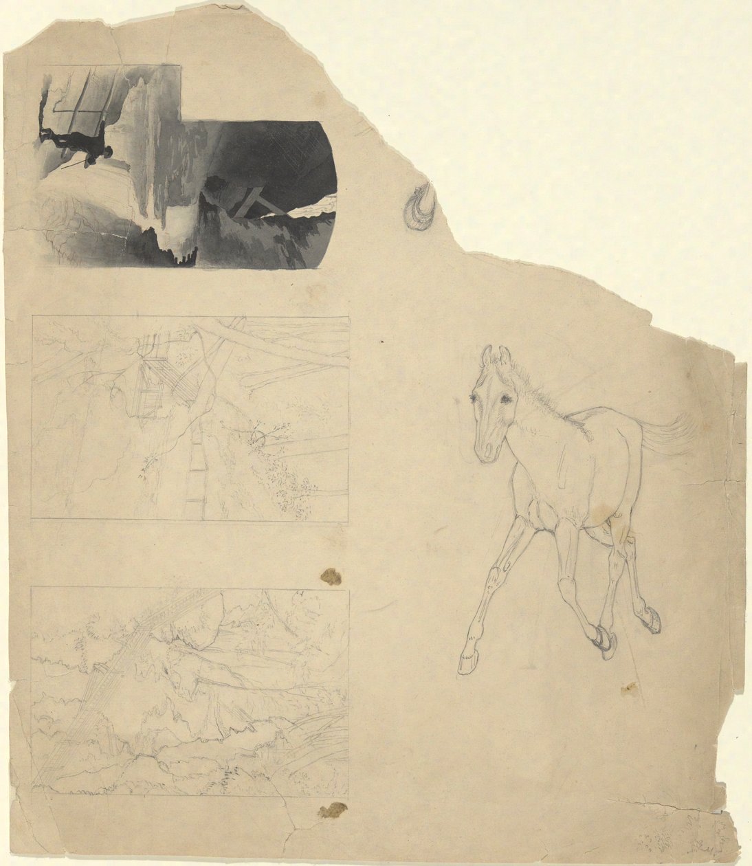 Studieark, tre af et vandfald, et af et føl. af Edwin Austin Abbey