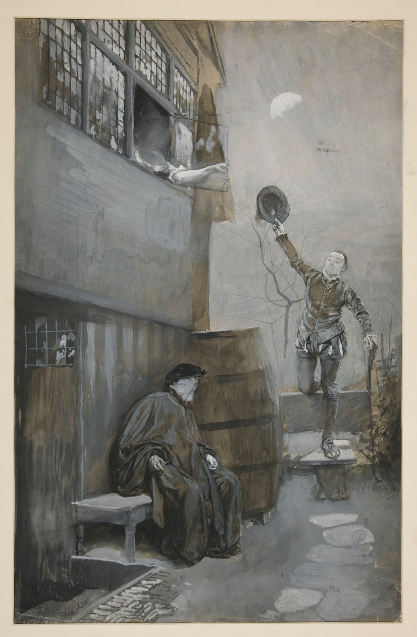 Skitse til Nighttime Rendezvous - 3 figurer: to mænd, en kvinde af Edwin Austin Abbey