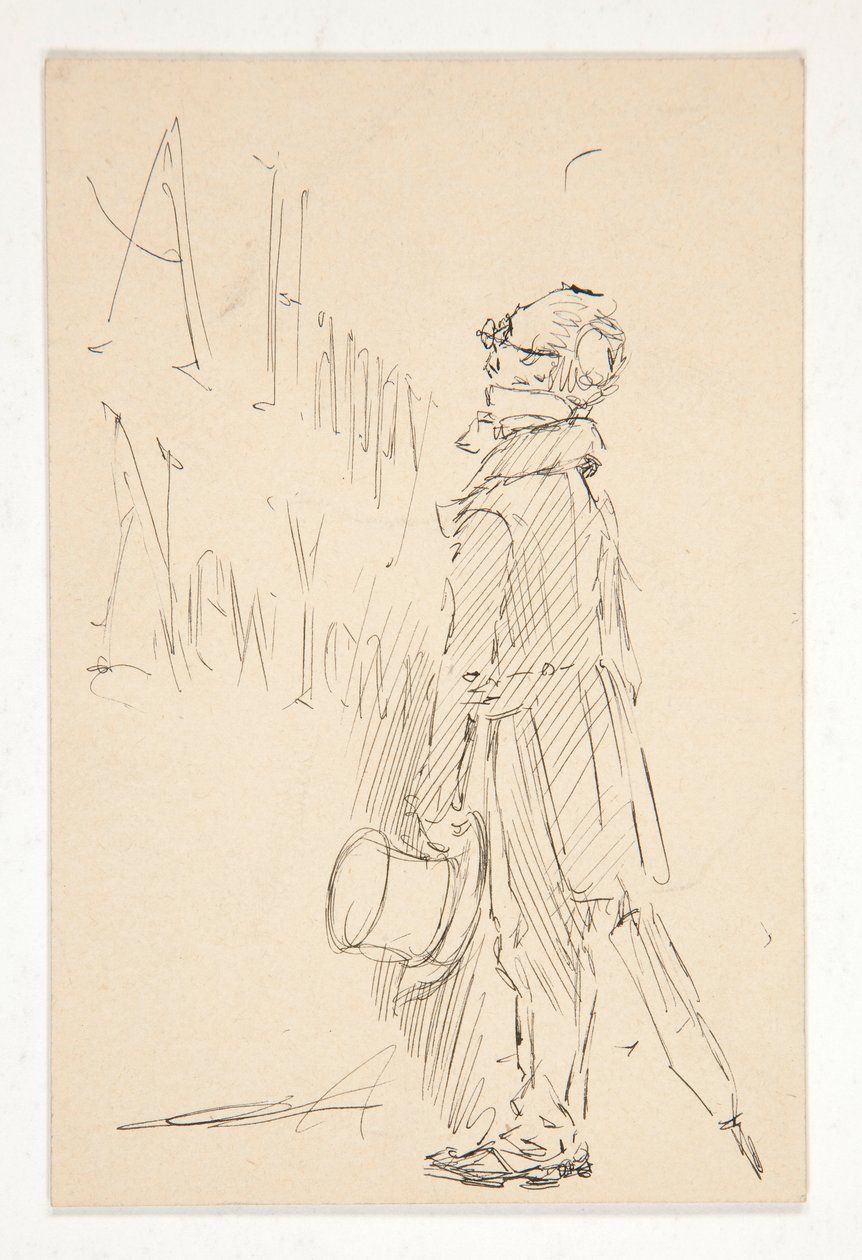 Skitse til et lykønskningskort: Godt nytår; undersøgelse af en mand, der læser et skilt af Edwin Austin Abbey