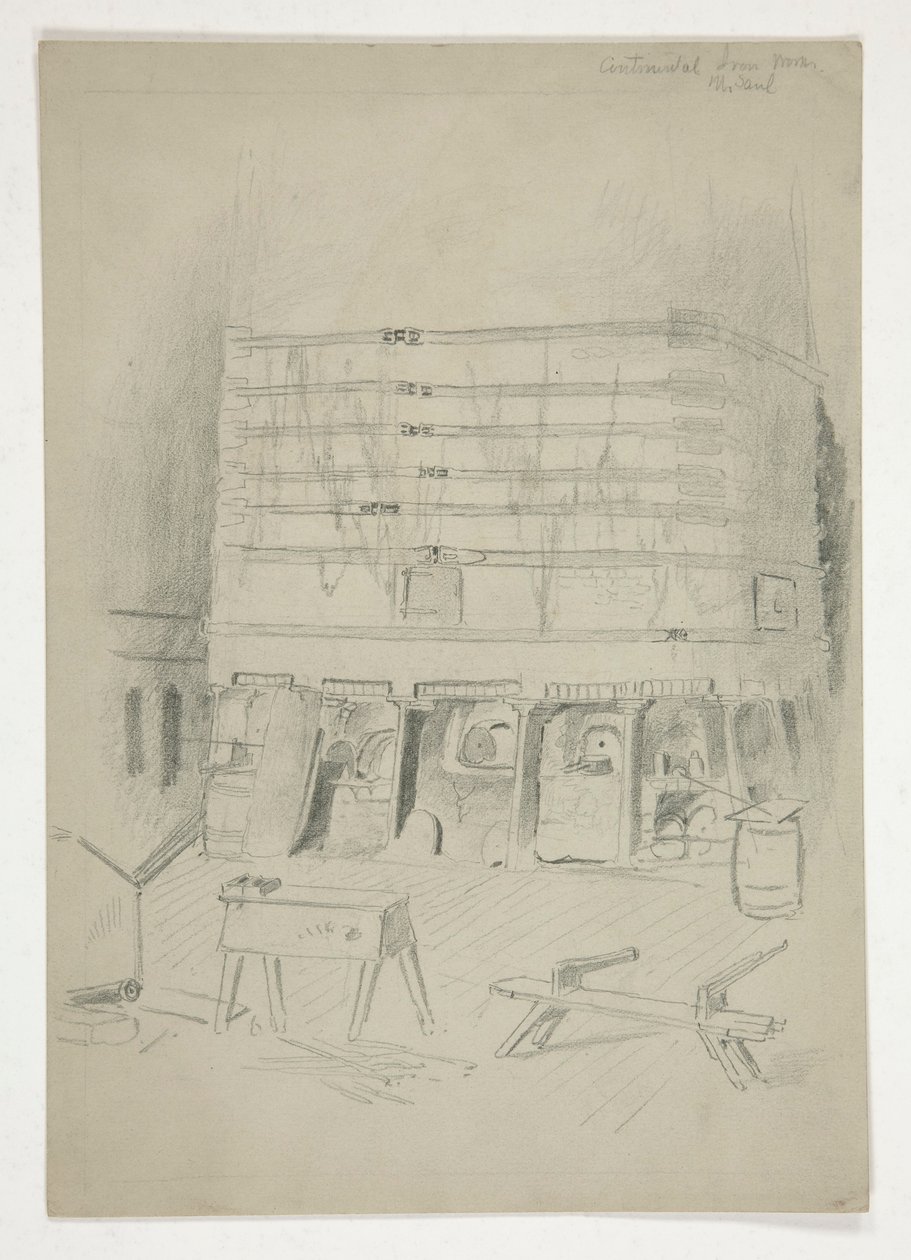Skitse af Continental Iron Works(?) [industrielt interiør] af Edwin Austin Abbey