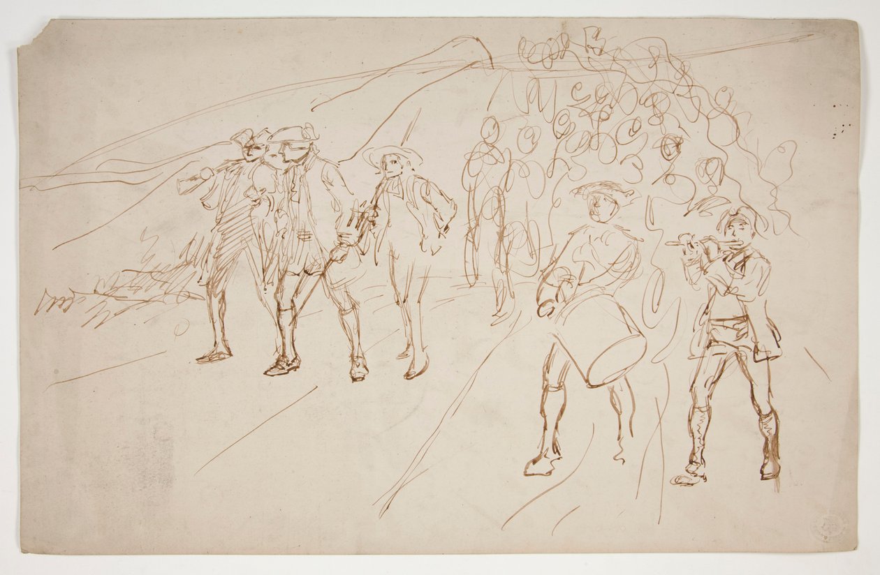 Skitse af uafhængighedskrigstropper, der marcherer af Edwin Austin Abbey