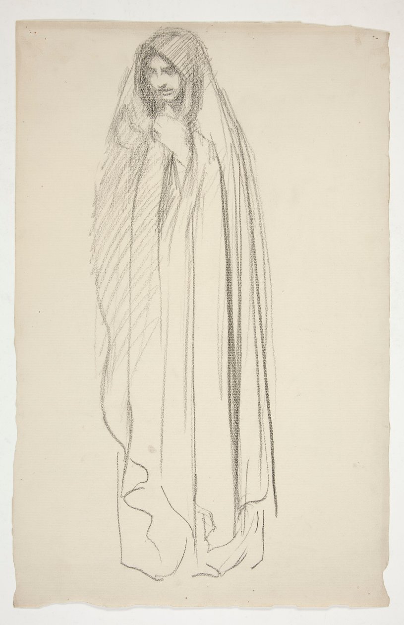 Skitse af en kappebeklædt kvindefigur for Three Marys at the Cross af Edwin Austin Abbey