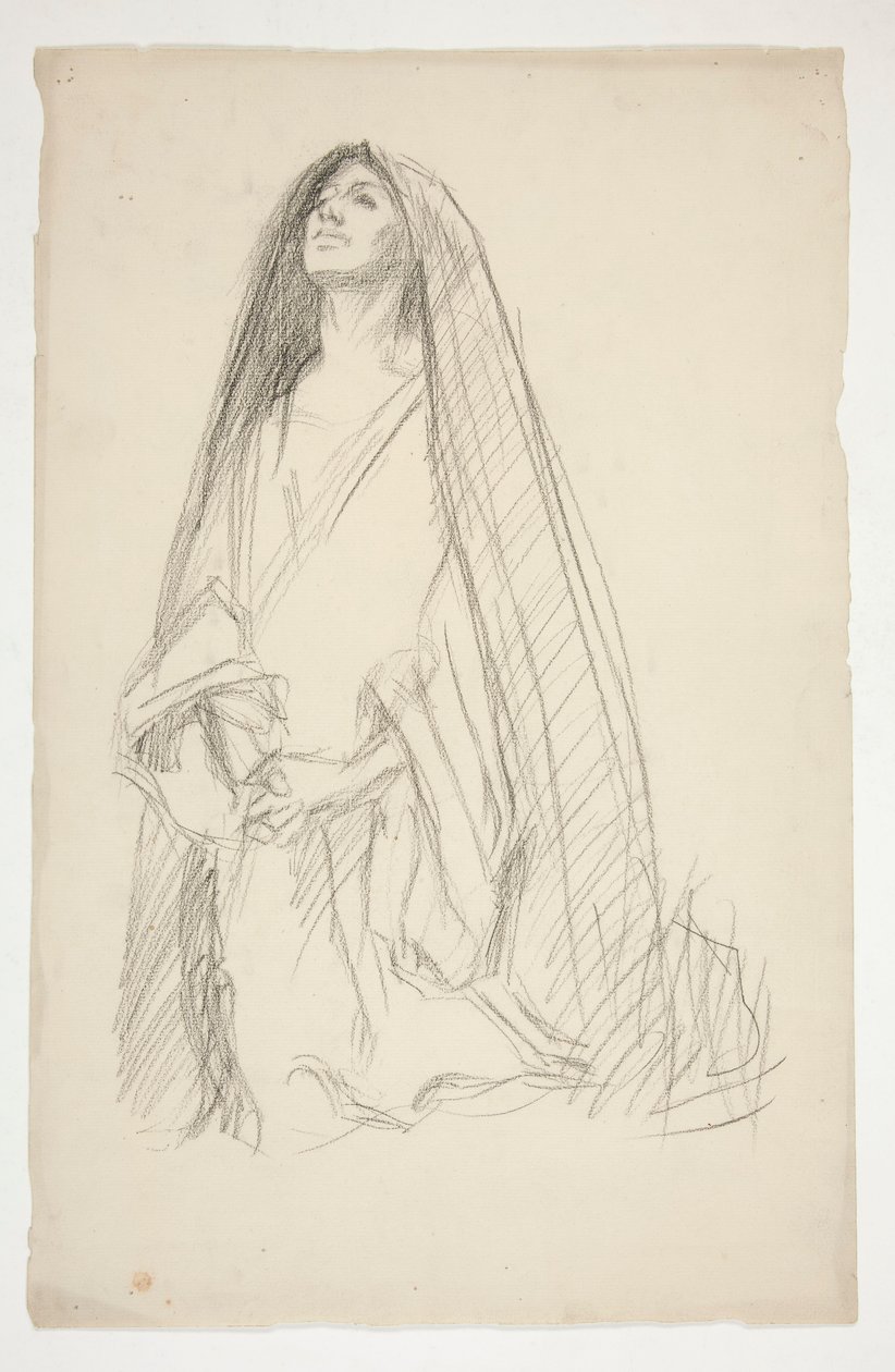 Skitse af en kappebeklædt kvindeskikkelse i bøn for Tre Maria ved korset af Edwin Austin Abbey