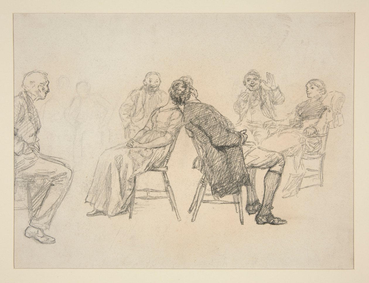 Skitse af et par, der spiller et spil, omgivet af tilskuere, i et interiør (?) - uidentificeret illustration af Edwin Austin Abbey