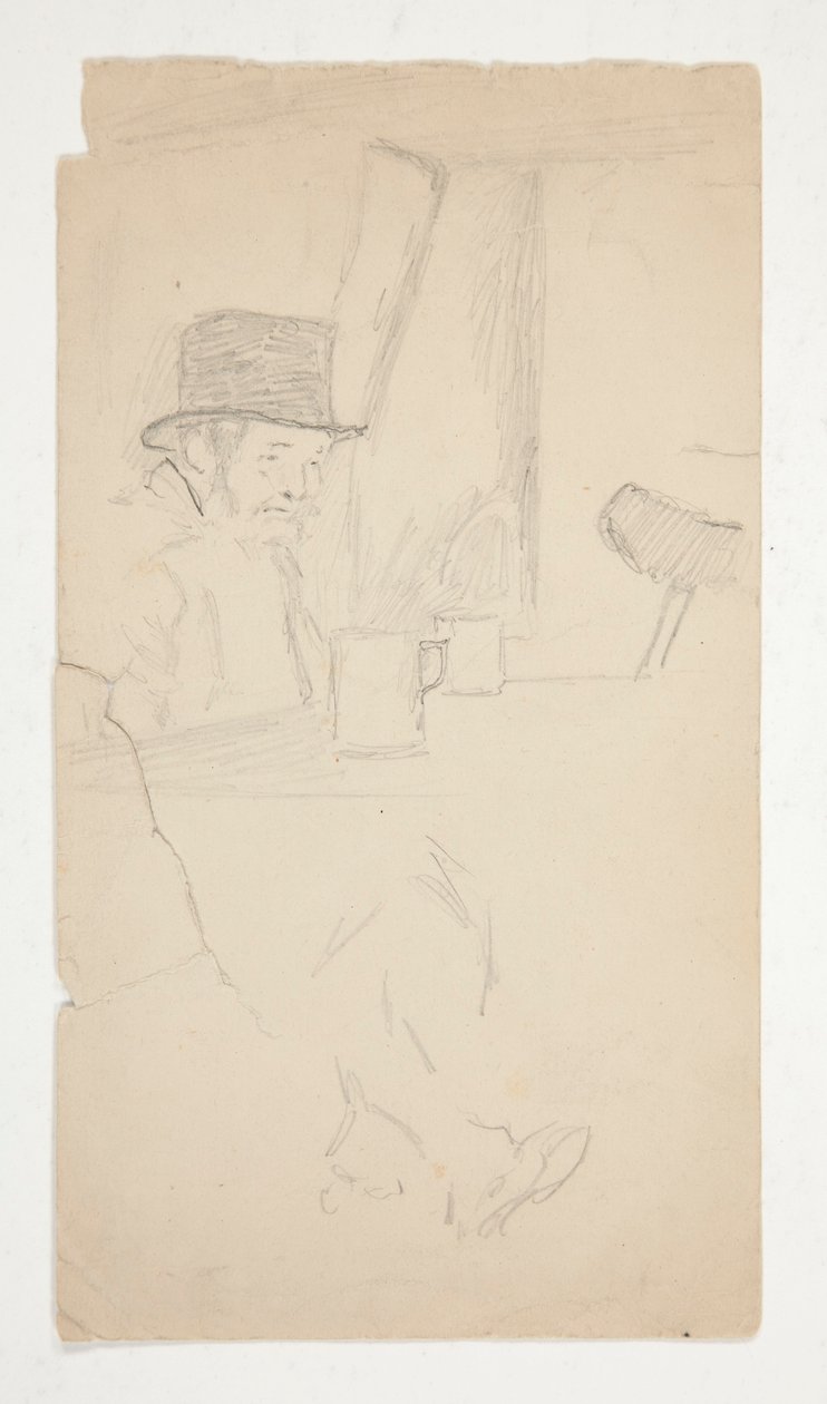 Skitse af en forkrøblet mand siddende ved bordet i baren af Edwin Austin Abbey
