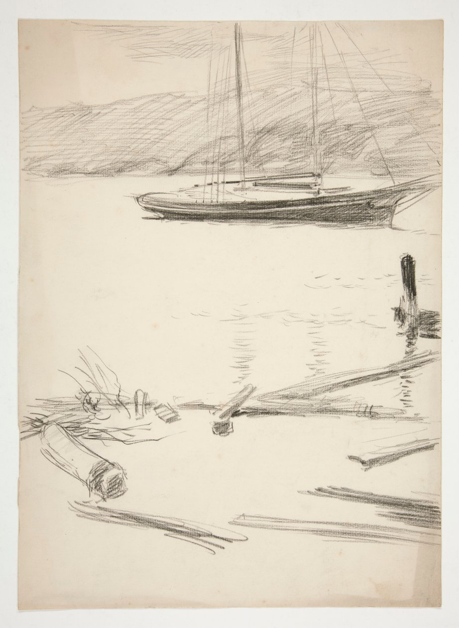 Skitse af en dock og sejlbåd af Edwin Austin Abbey