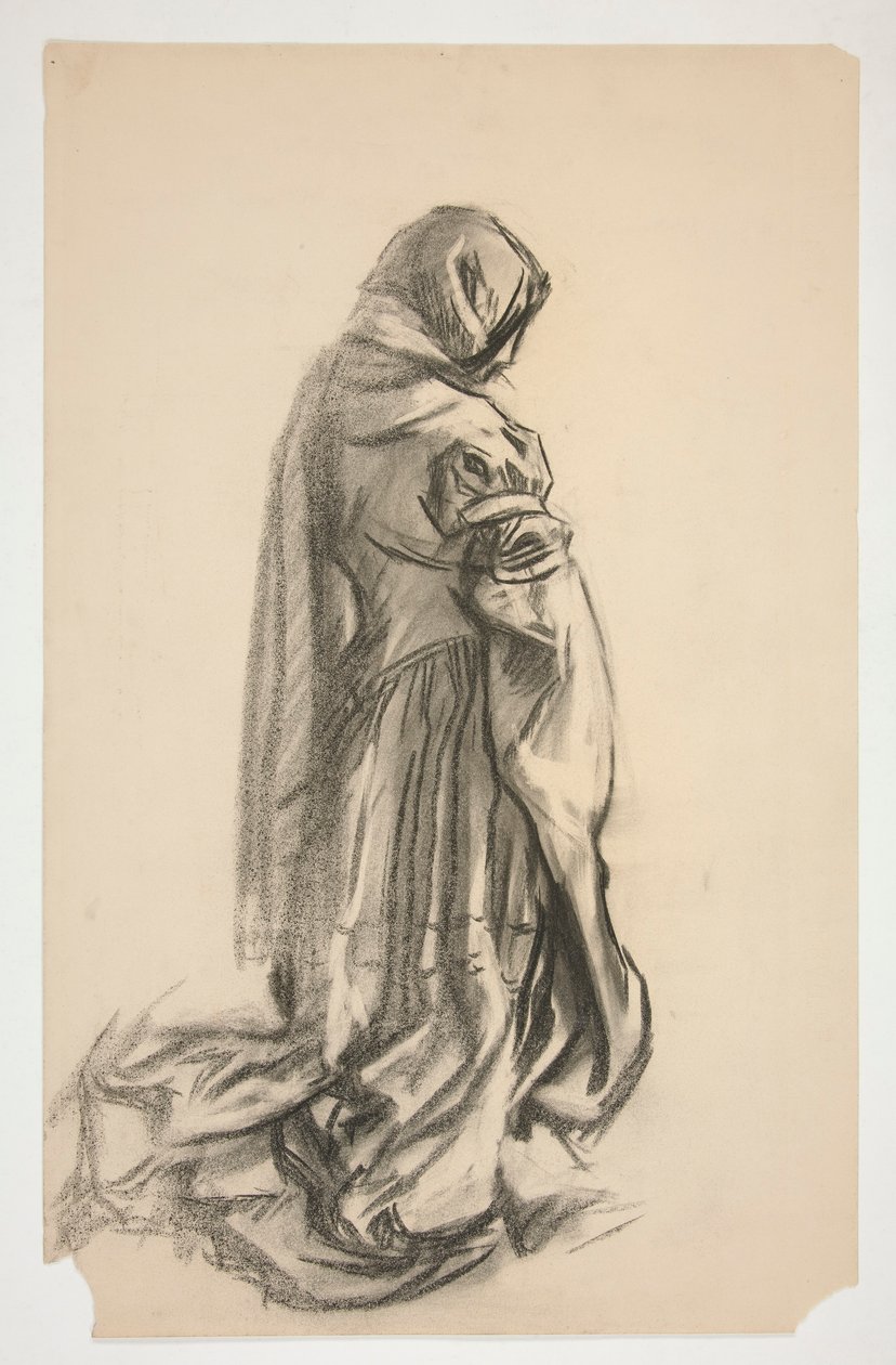Skitse af en knælende kvindefigur i pink kjole til Galahad the Deliverer, et af de hellige gral-vægmalerier på Boston Public Library af Edwin Austin Abbey