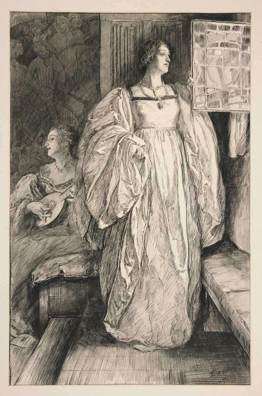 Skitse af en dame, illustration til af Edwin Austin Abbey