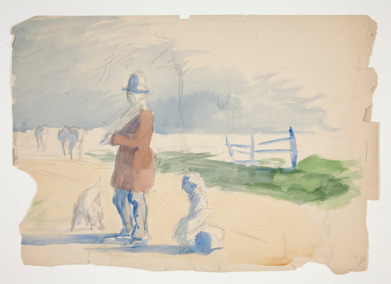 Skitse af en mand, barn og hund - uidentificeret illustration af Edwin Austin Abbey