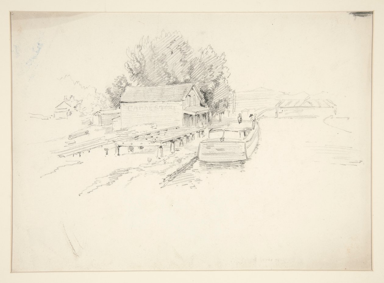 Skitse af en mole med fiskerbåd og butik ved havnen af Edwin Austin Abbey