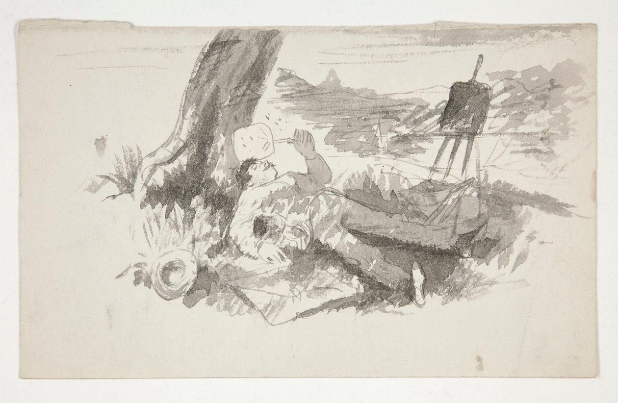 Skitse af en friluftsmaler, der tager en lur under et træ - uidentificeret illustration af Edwin Austin Abbey