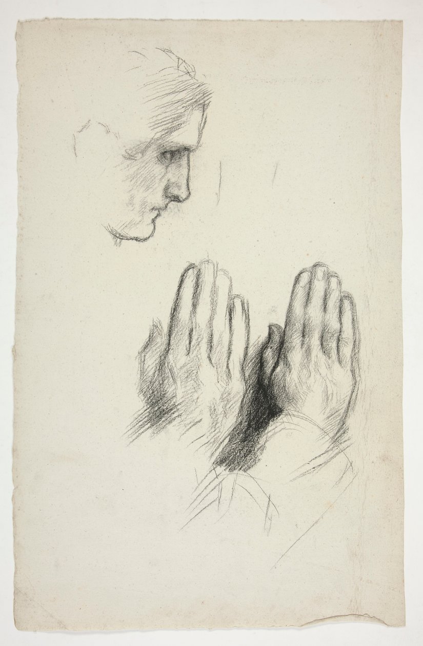 Skitse af en ung mand i profil; skitse af to sæt hænder i bøn af Edwin Austin Abbey
