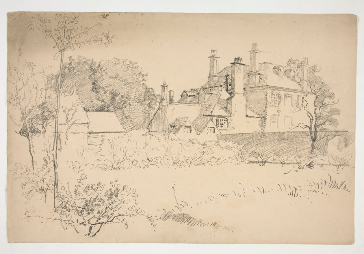 Skitse af et ydre: have, væg og stort victoriansk hus af Edwin Austin Abbey
