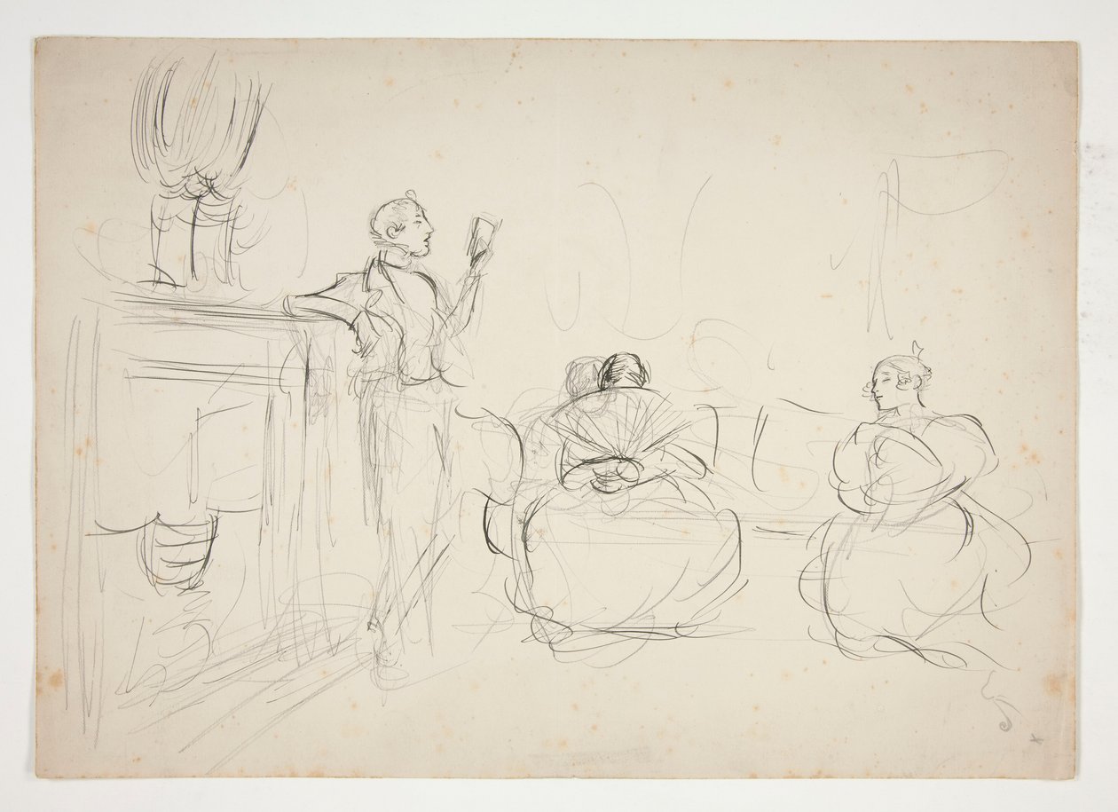 Skitse af et interiør: mand læser højt, kvinder strikker - uidentificeret illustration af Edwin Austin Abbey