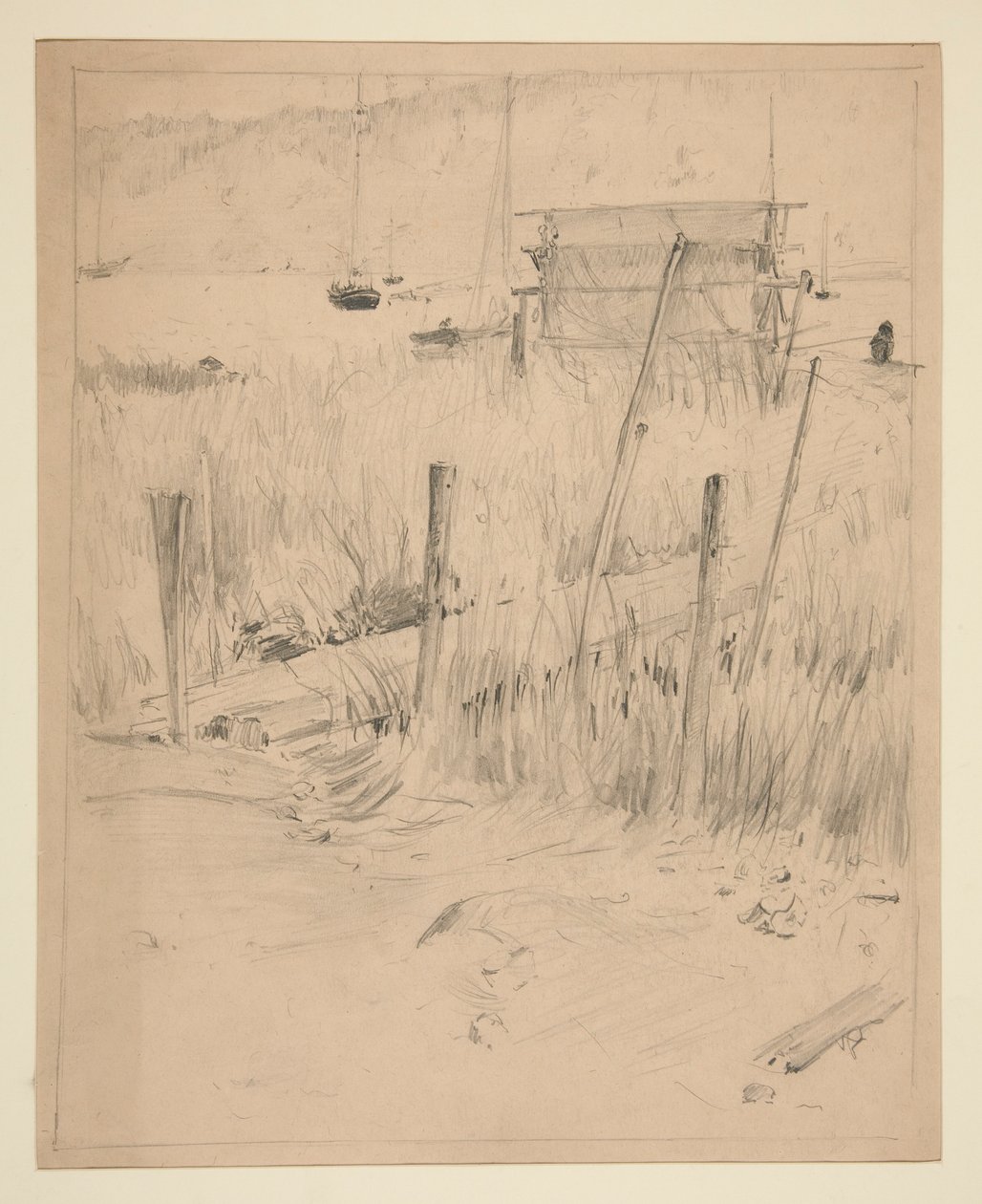Skitse af en gammel dok, med ukrudt, der vokser op omkring den af Edwin Austin Abbey