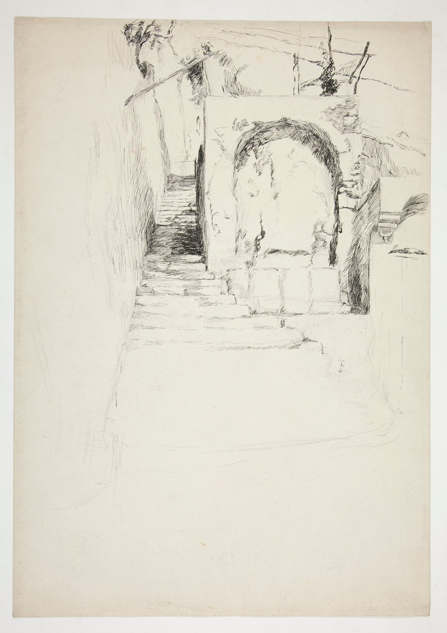 Skitse af en udendørs trappe (italiensk pergola, til bogillustration) af Edwin Austin Abbey