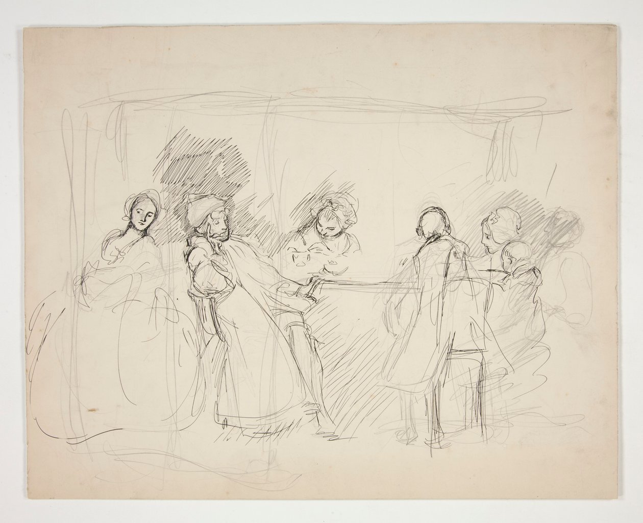 Skitse af figurer rundt om et bord - uidentificeret illustration til et skuespil (?) af Edwin Austin Abbey