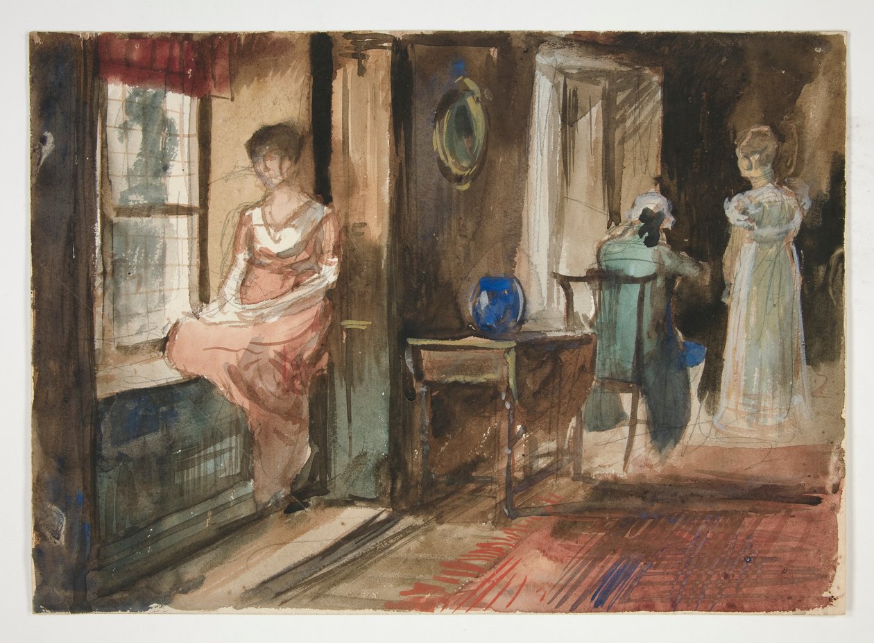 Skitse af figurer i et interiør af Edwin Austin Abbey
