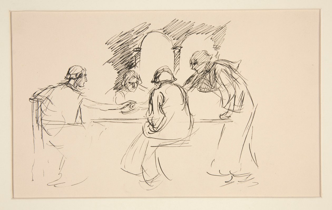 Skitse af fire mænd i middelalderdragt ved et bord - uidentificeret illustration, evt af Edwin Austin Abbey
