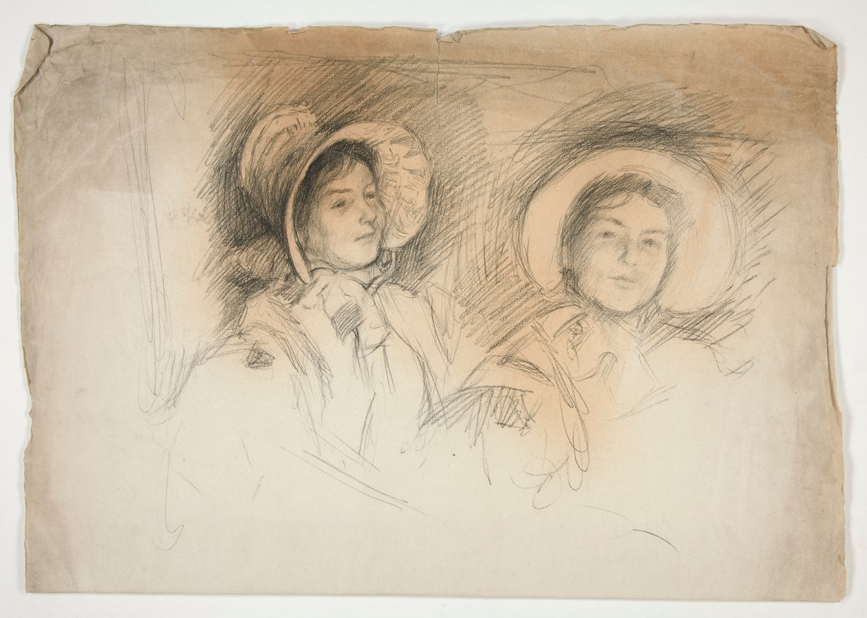 Skitse af to unge kvinder i hætter (uidentificerede siddere) af Edwin Austin Abbey