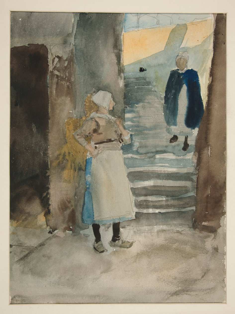 Gadescene med to fiskewives- uidentificeret illustration af Edwin Austin Abbey