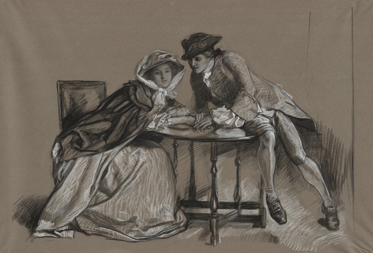 Undersøgelse. Lady og Gentleman i samtale hen over et bord af Edwin Austin Abbey