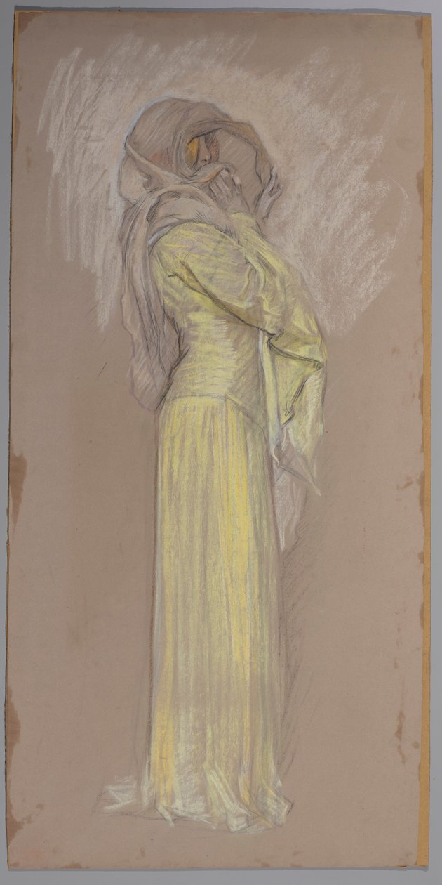 Studie, kvinde i gul kjole med brunt slør over ansigtet af Edwin Austin Abbey