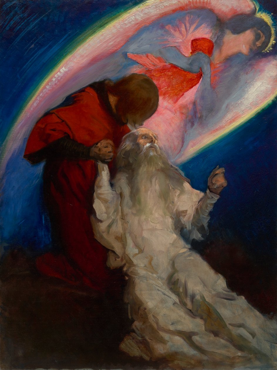 Studie for Amfortas udgivet af Galahad, i The Quest and Achievement of the Holy Grail, Book Delivery Room, Boston Public Library af Edwin Austin Abbey