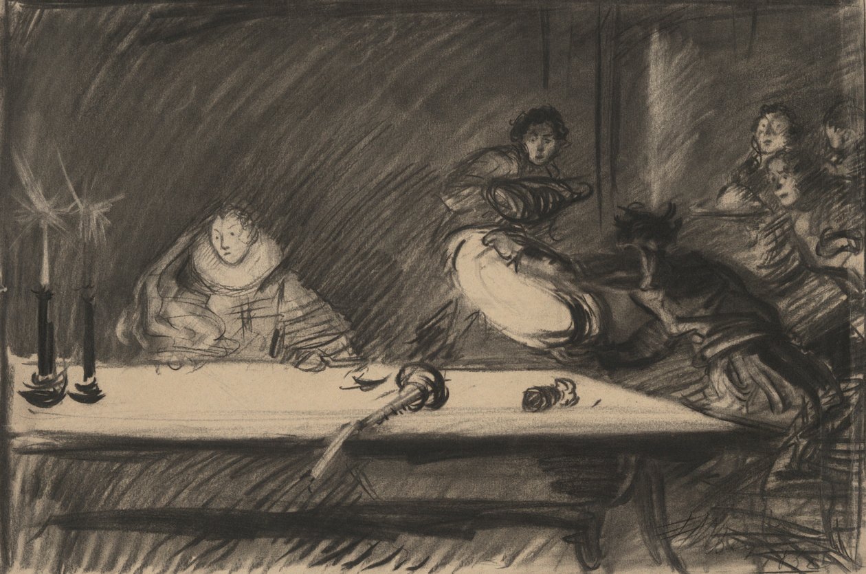 Studie for Petruchio vælter skyttegraveren - IV. akt, Scene I, The Taming of the Shrew af Edwin Austin Abbey