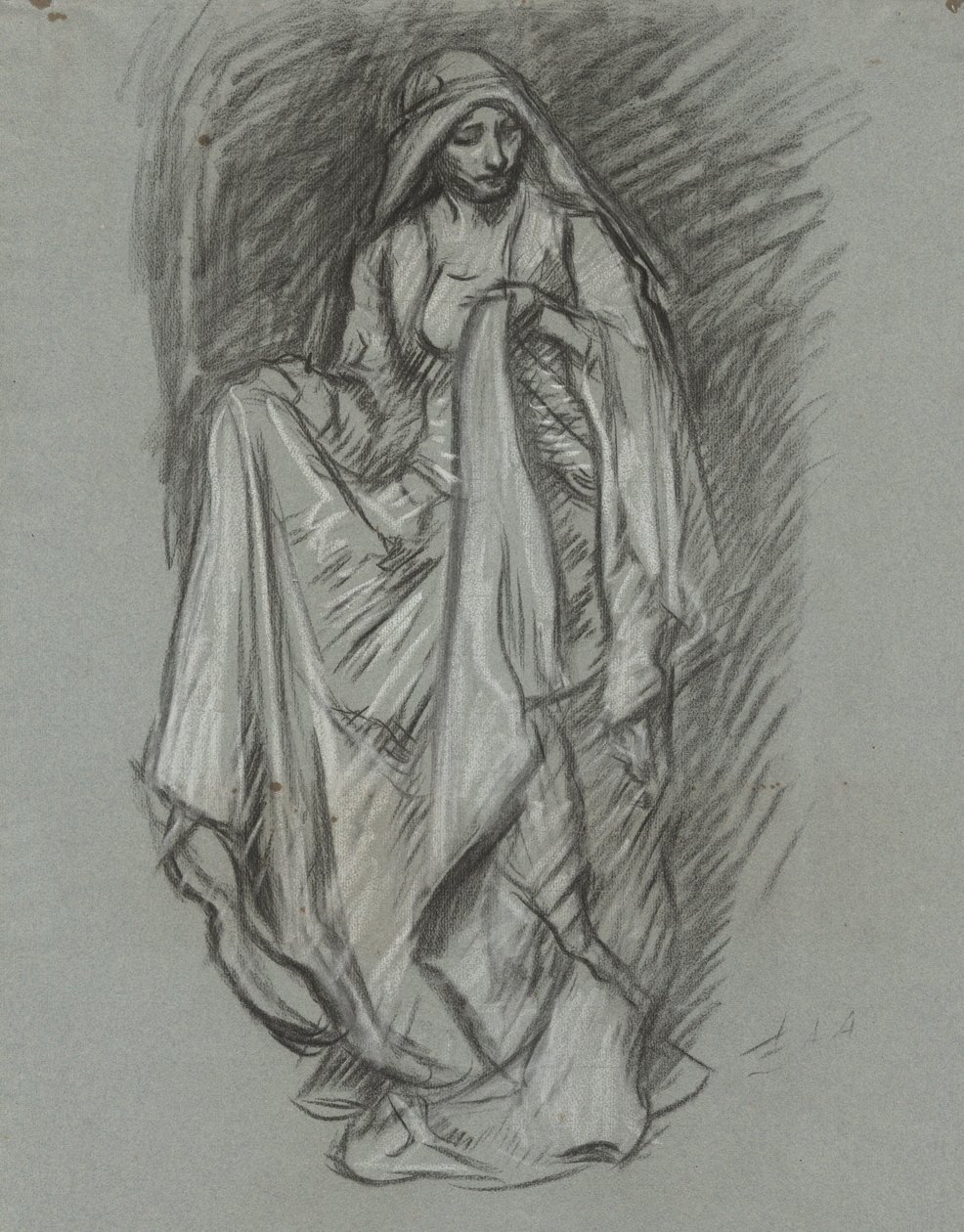 Studie for draperet kvinde, figurstudie til The Quest of the Holy Grail (serie på 15 malerier til Boston Public Library, afsluttet i 1901) af Edwin Austin Abbey