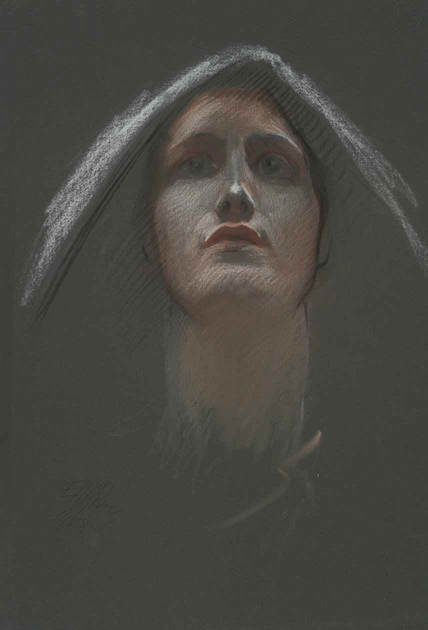 Undersøgelse for figur af Religion rondel i rotunden i statshovedbygningen i Harrisburg, Pennsylvania, 1902-1911 af Edwin Austin Abbey