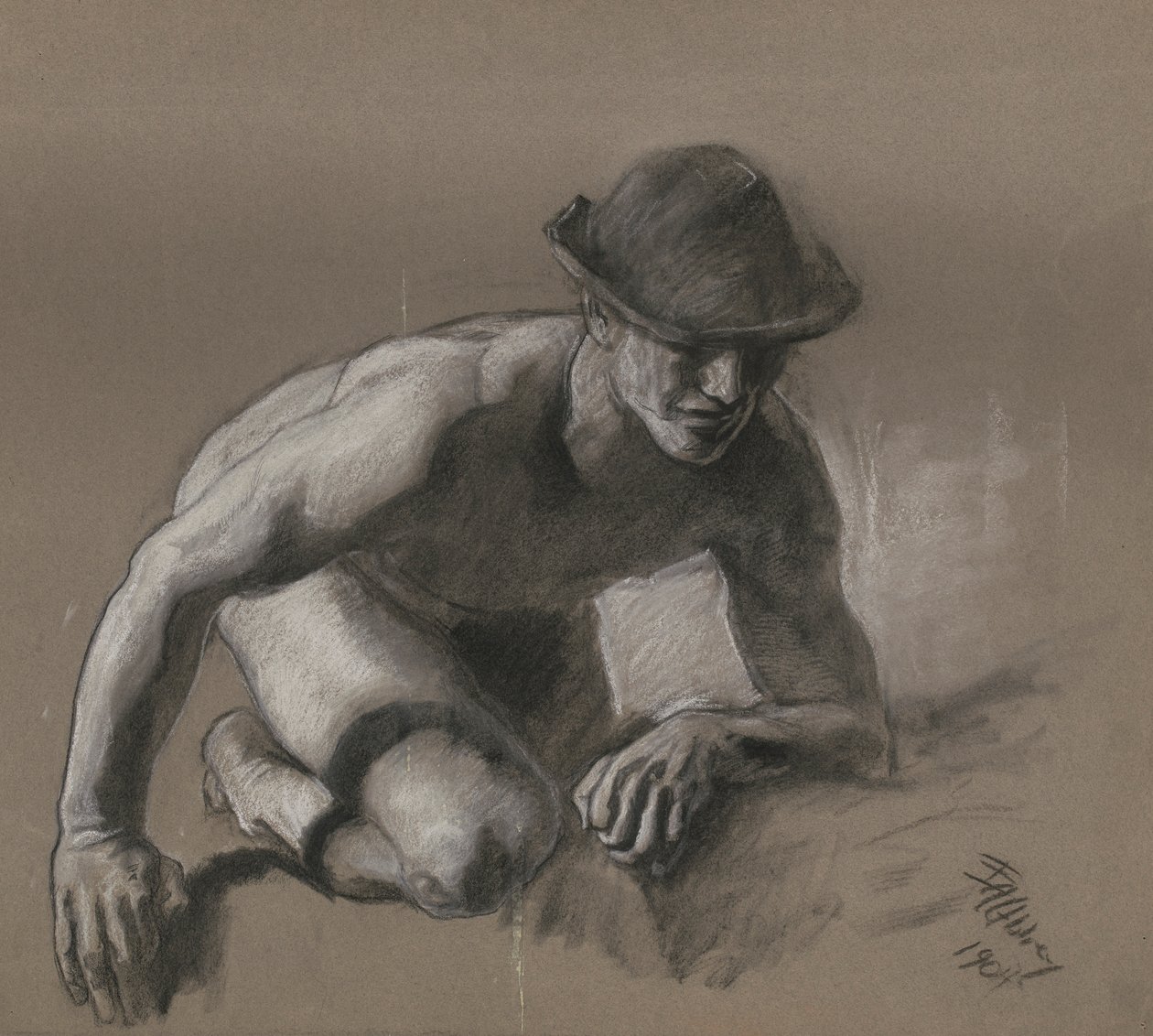 Undersøgelse for figur af minearbejder i af Edwin Austin Abbey