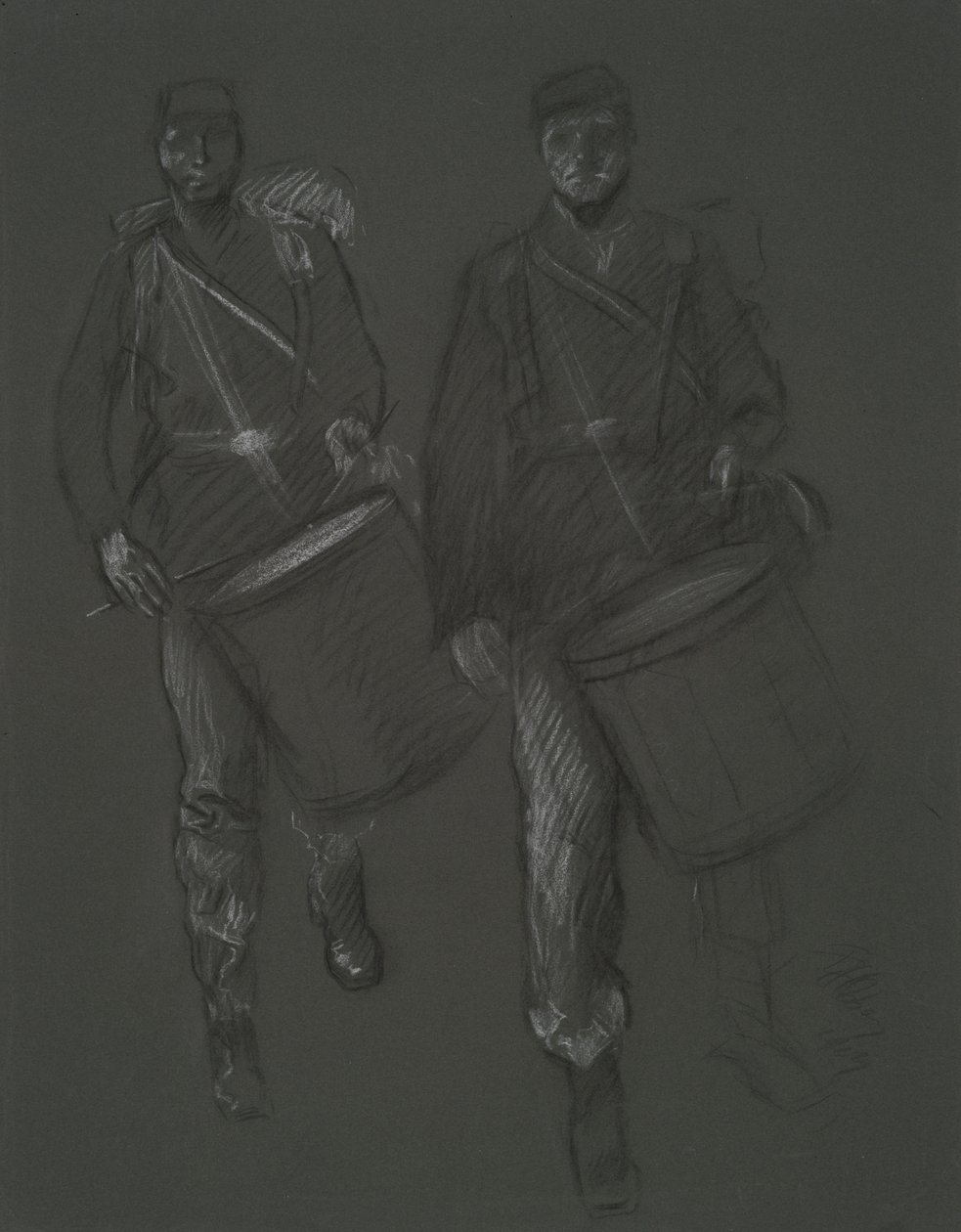 Undersøgelse af figurerne af to borgerkrigstrommeslagere, i af Edwin Austin Abbey