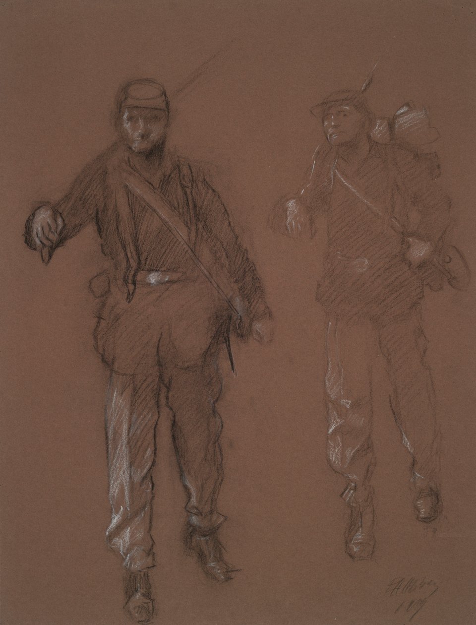 Undersøgelse af figurerne af to borgerkrigssoldater, i af Edwin Austin Abbey