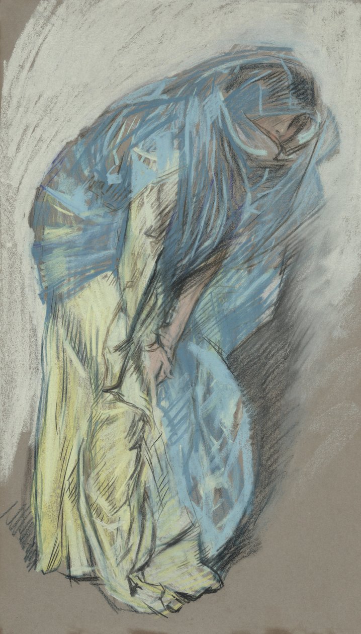 Studie til kvinde i gul kjole med blåt slør af Edwin Austin Abbey
