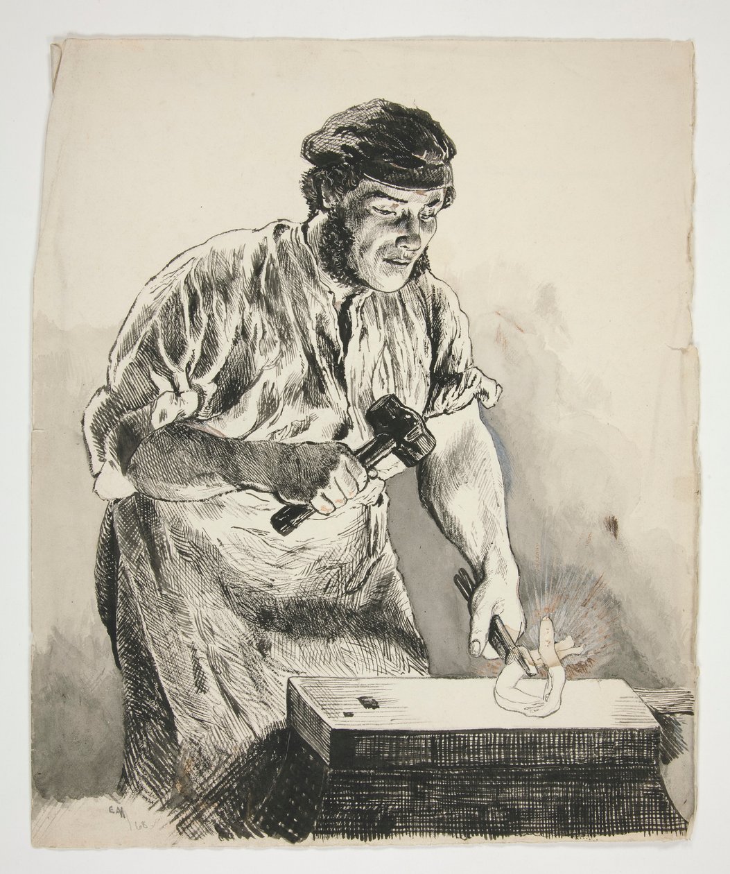 Studie af en smed, der hamrer jern - uidentificeret illustration af Edwin Austin Abbey