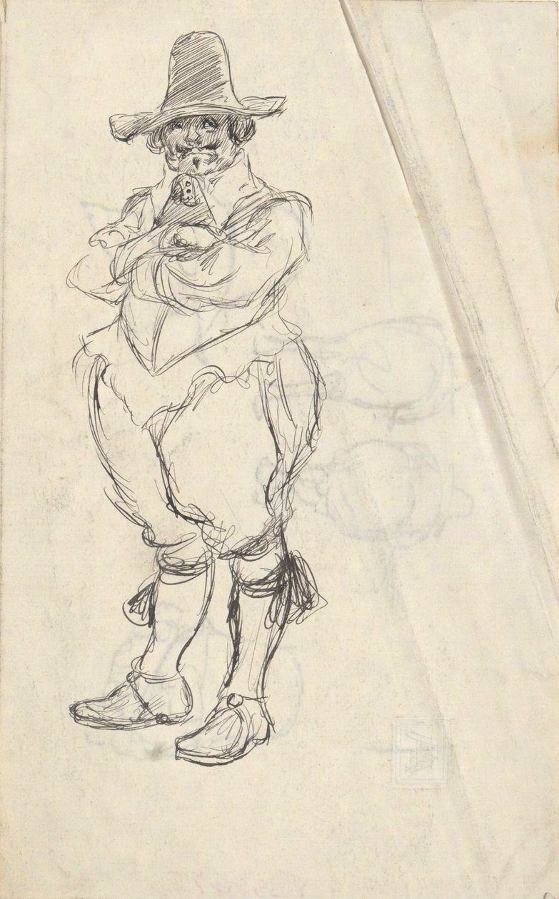 Studie af en mand i XVII. Hollandsk kostume - uidentificeret. Undersøgelser på bagsiden af Edwin Austin Abbey