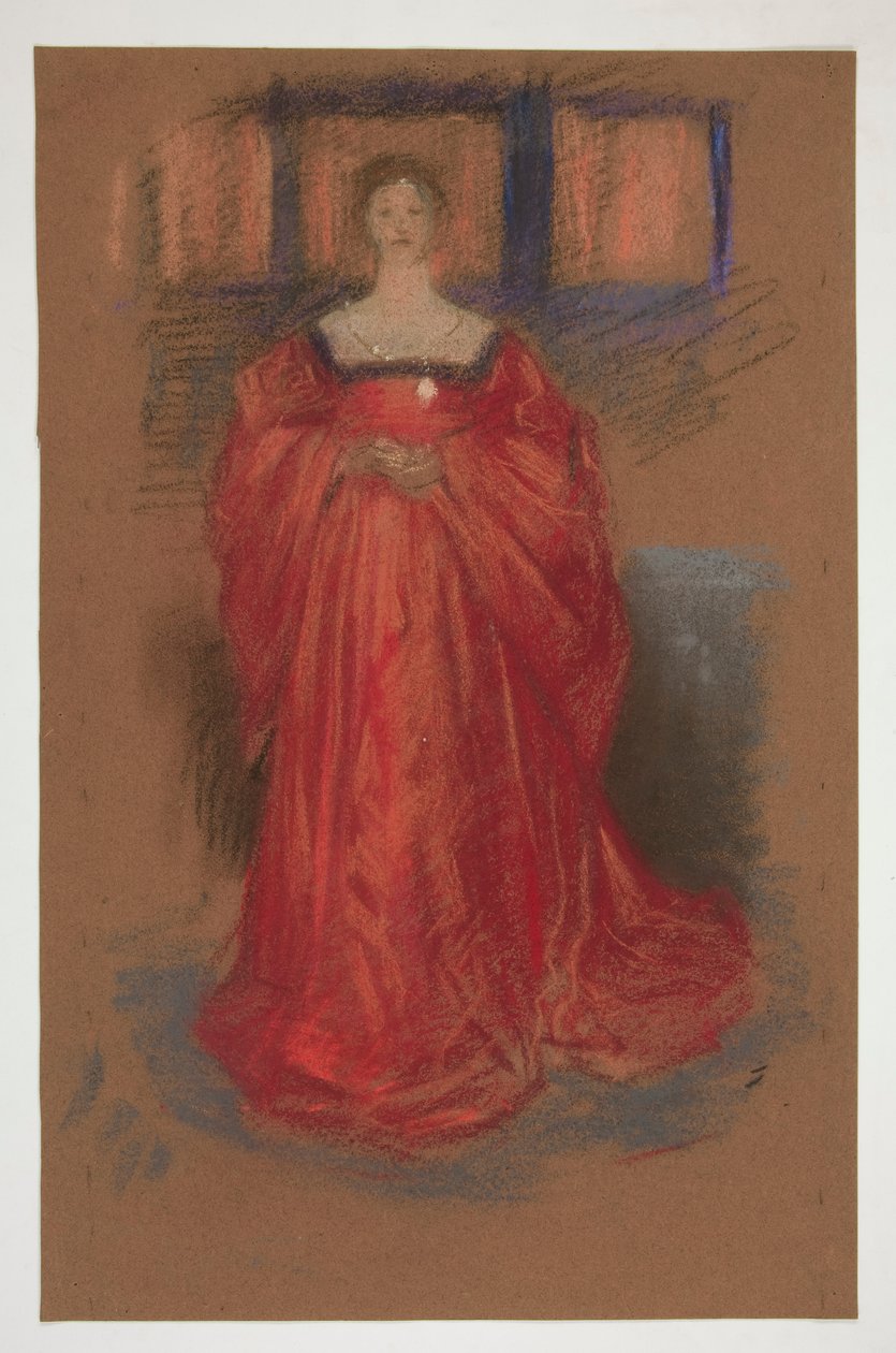 Studie af en kvinde i renæssancekostume - (uidentificeret illustration til et Shakespeare-skuespil?) af Edwin Austin Abbey