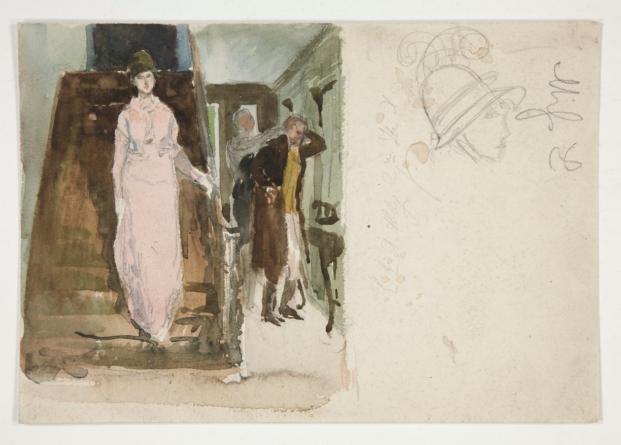 Studie af et interiør: par forbereder sig på at tage af sted om aftenen af Edwin Austin Abbey