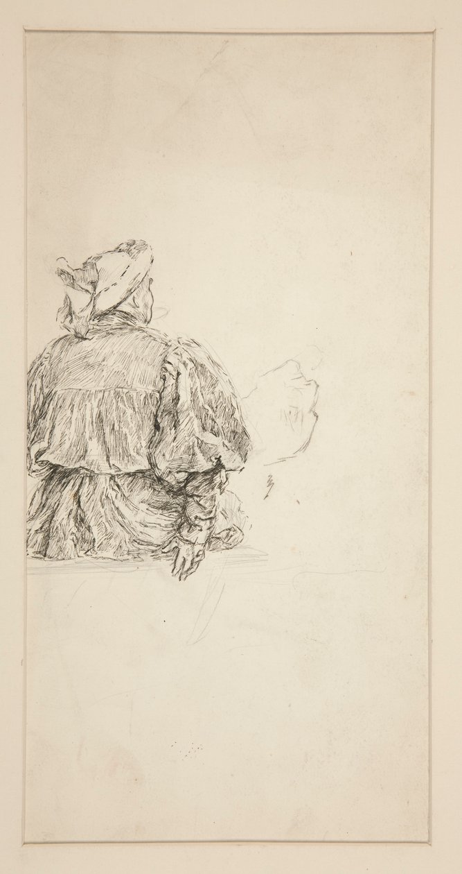 Studie af bagsiden af en siddende mand i kostume fra det 15. århundrede til en Shakespeare-scene. af Edwin Austin Abbey