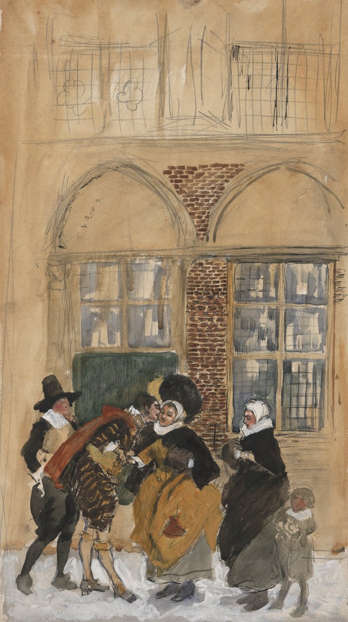 Studie af figurscene i hollandsk dragt fra det syttende århundrede, muligvis New Amsterdam af Edwin Austin Abbey
