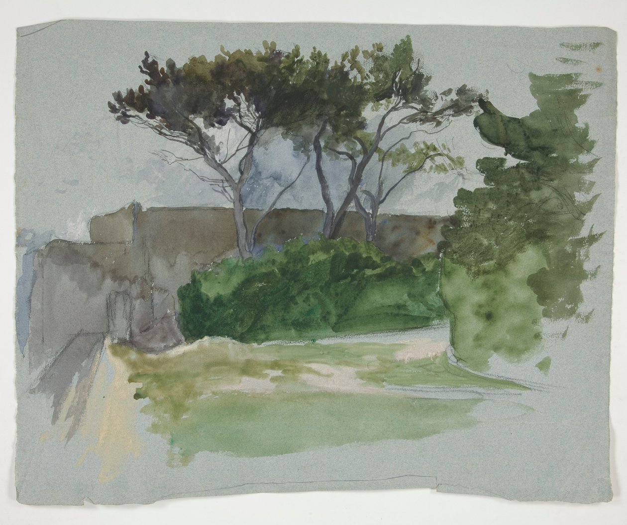 Studie af landskab med træer og stenmur af Edwin Austin Abbey