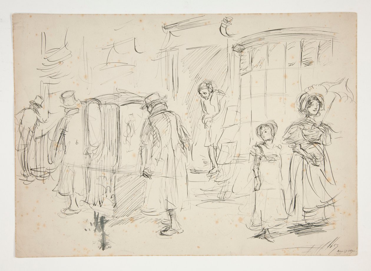 Undersøgelse af gadebilledet med sedanstol. af Edwin Austin Abbey