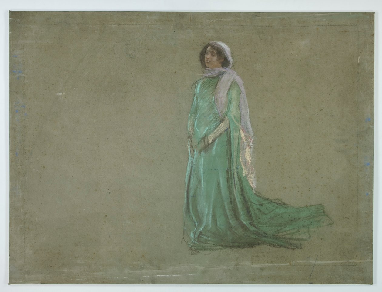 Studie, kvinde i lang grøn kjole, lyserødt tørklæde af Edwin Austin Abbey