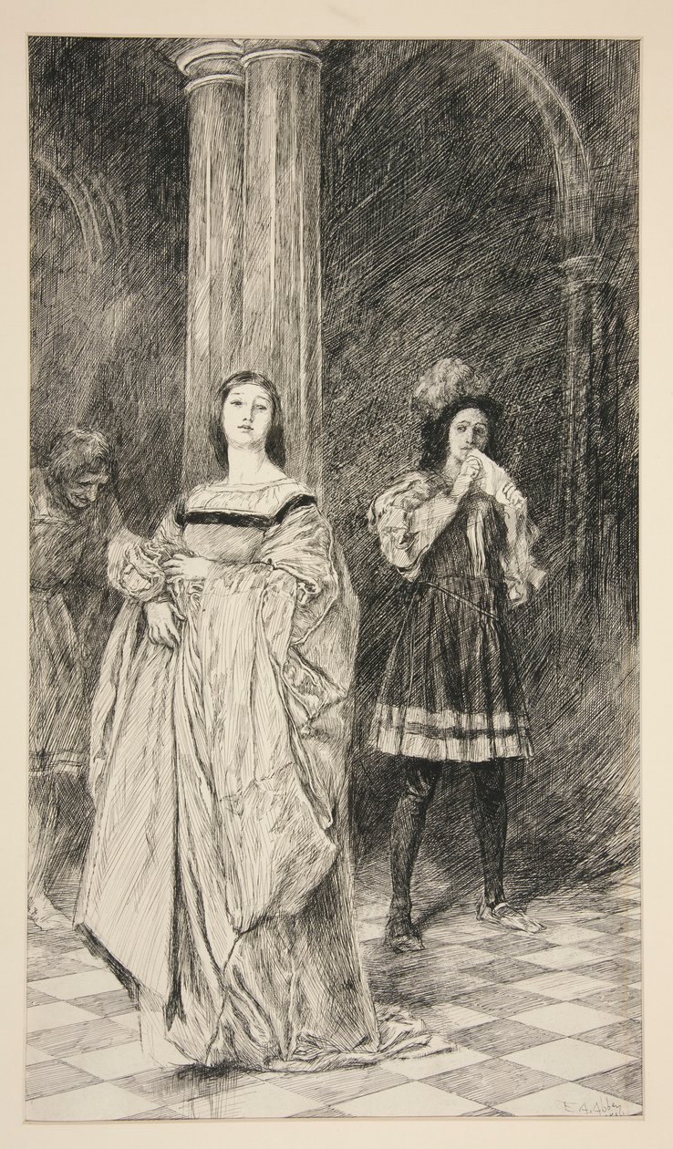Sylvia og Valentine, fra anden akt, scene i, Two Gentlemen of Verona af Edwin Austin Abbey