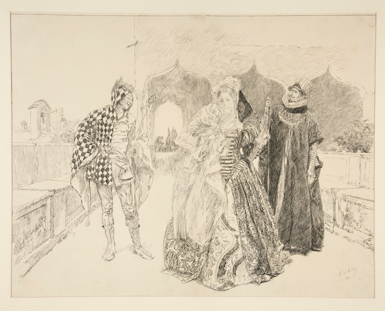 Klovnen og Malvolio, illustration til 1. akt, Scene v, Twelfth Night af Edwin Austin Abbey