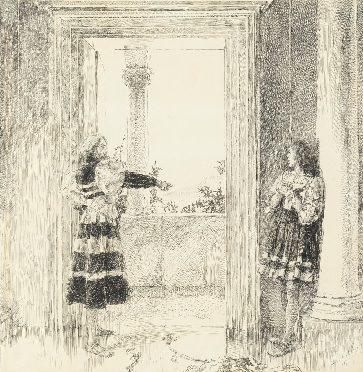 The Duke Expels Valentine, fra akt III, Scene i, Two Gentlemen of Verona af Edwin Austin Abbey
