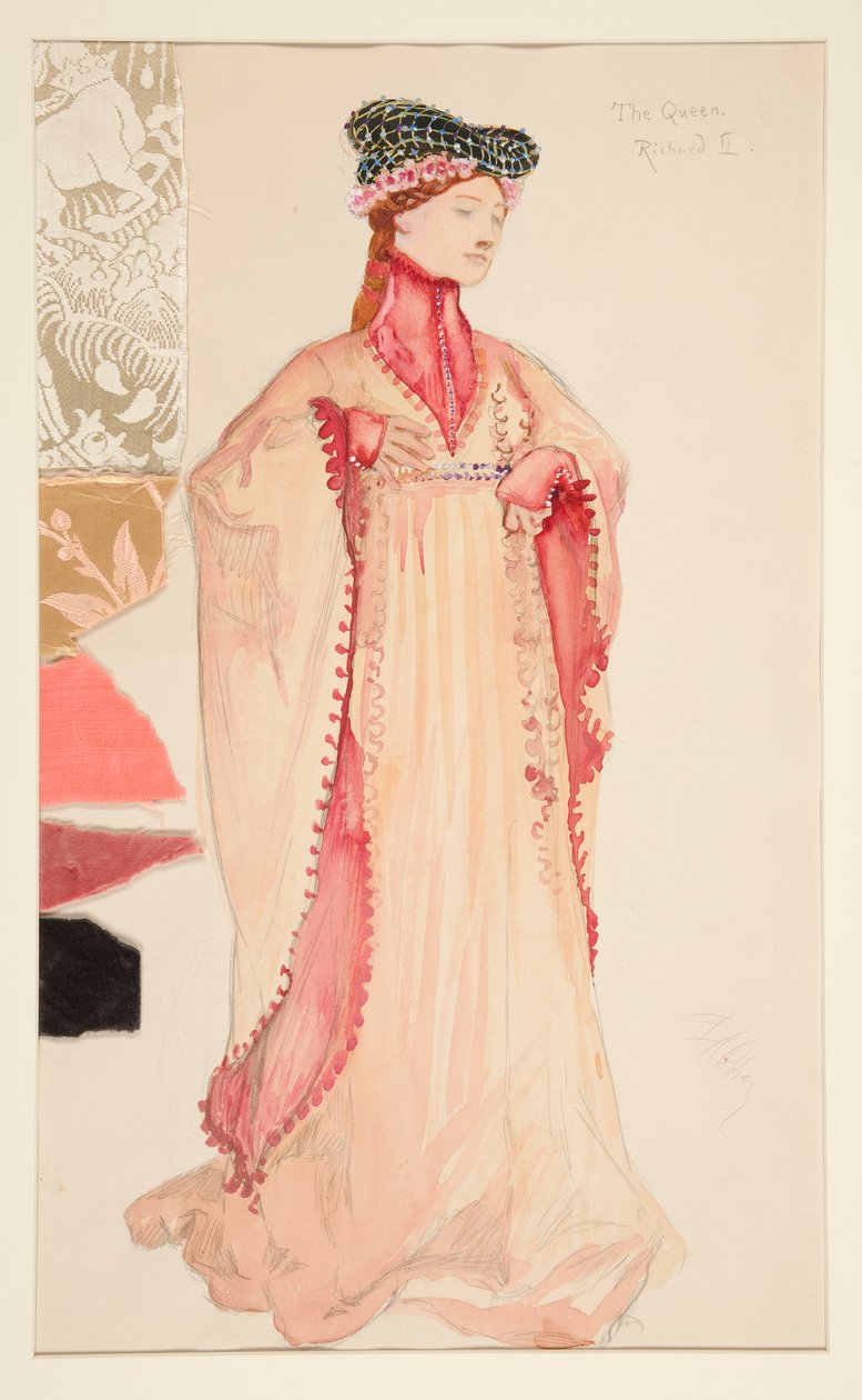 Dronningen (i pink), kostumeskitse til Henry Irving af Edwin Austin Abbey