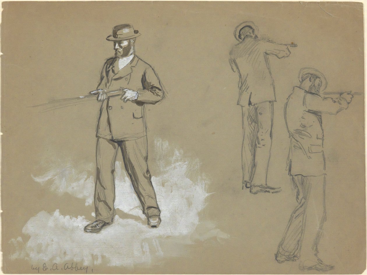 Tre skitser af en mand med en pistol (recto); Figurstudier og portræt af A. S. Wina (?) (verso) af Edwin Austin Abbey